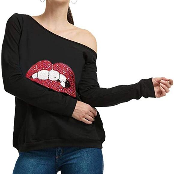 MAGICMK  Sweatershirt Lips Print Causal Off The Shoulder Top Size S - Picture 1 of 7